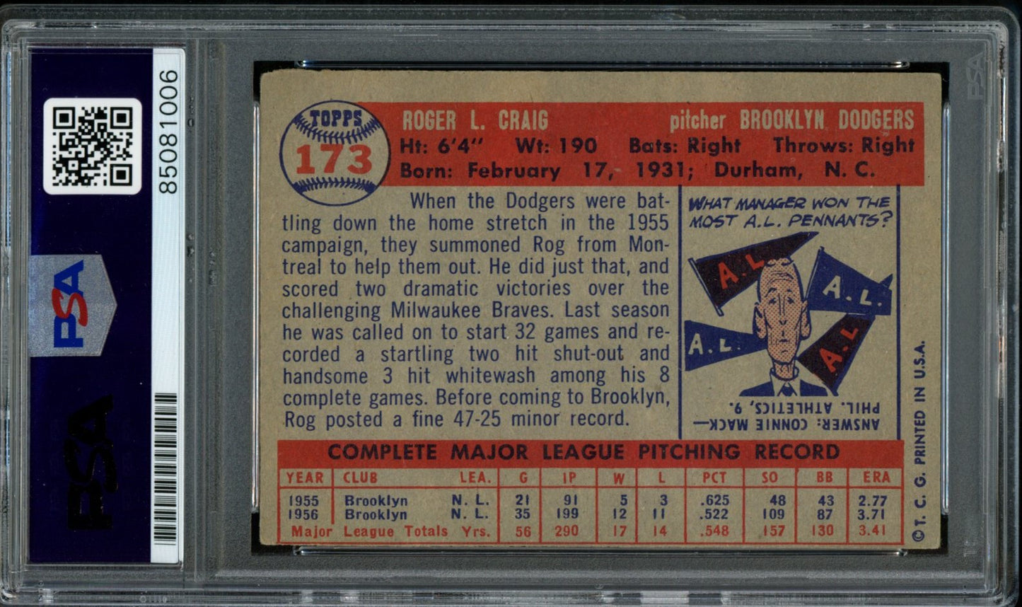 1957 TOPPS Roger Craig #173 Auth Card Signed Brooklyn Dodgers PSA/DNA 184083