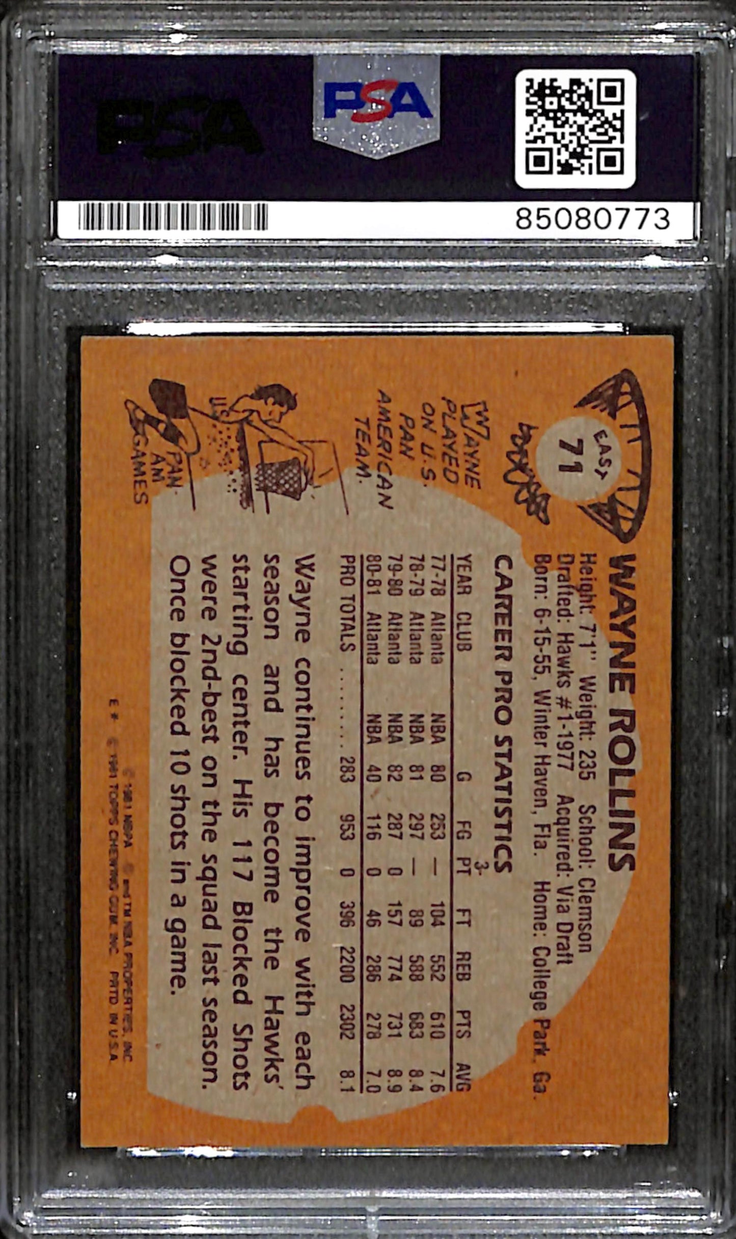 Wayne Rollins Signed 1981 Topps Card #71 Atlanta Hawks PSA/DNA 183797
