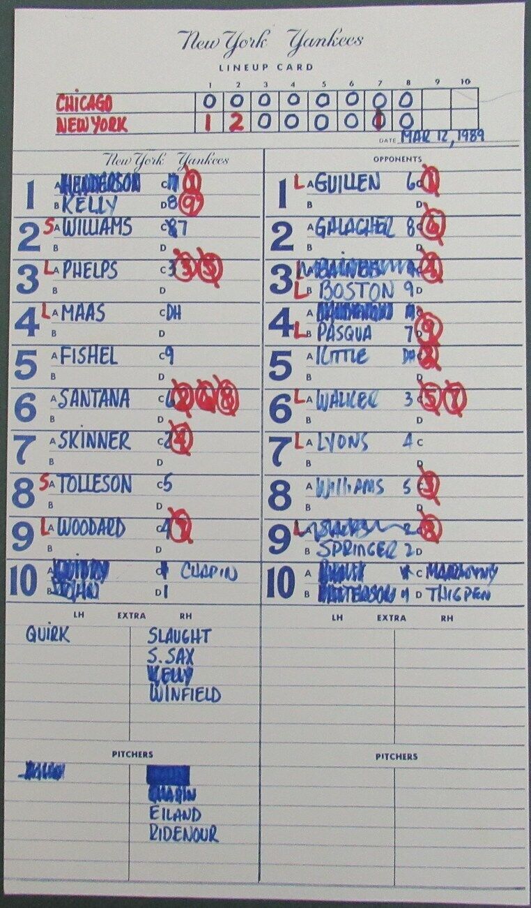 1989 New York Yankees Spring Training 9x15 Lineup Card vs. White Sox 151347