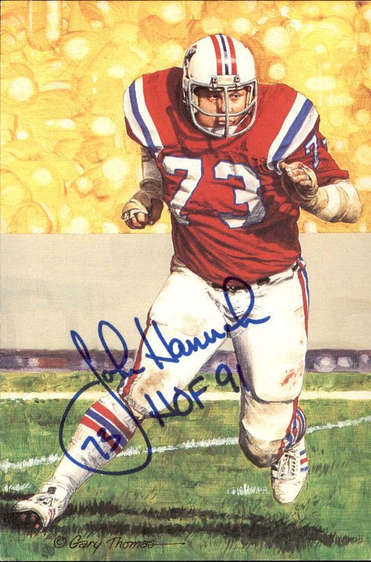 John Hannah HOF Autographed/Inscr Goal Line Art GLAC Postcard Patriots JSA