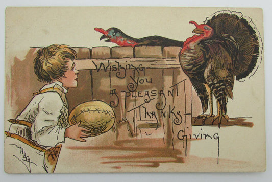 Vintage Postcard  "Wishing you a pleasant Thanksgiving" with football 140008