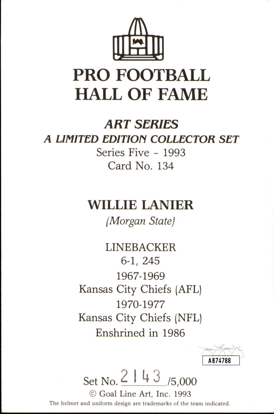 Willie Lanier HOF Autographed Goal Line Art GLAC Postcard Kansas City Chiefs JSA