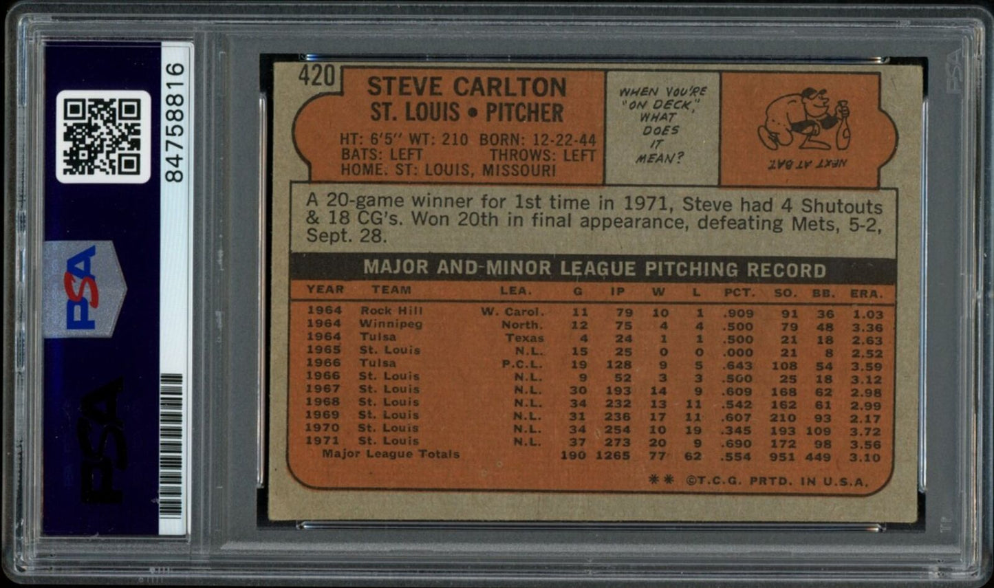 1972 TOPPS Steve Carlton HOF #420 Authentic Card Signed Cardinals PSA/DNA