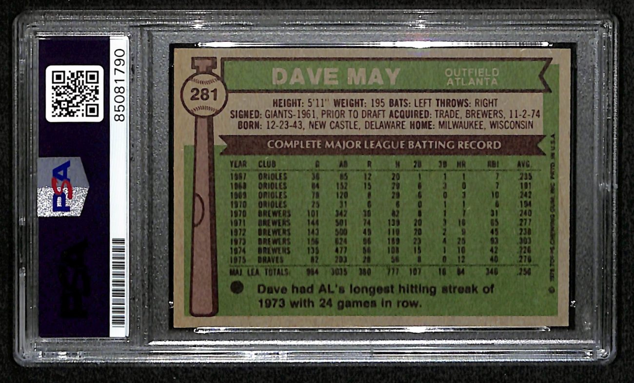 Dave May Signed 1976 Topps Card #281 Atlanta Braves PSA/DNA 184490