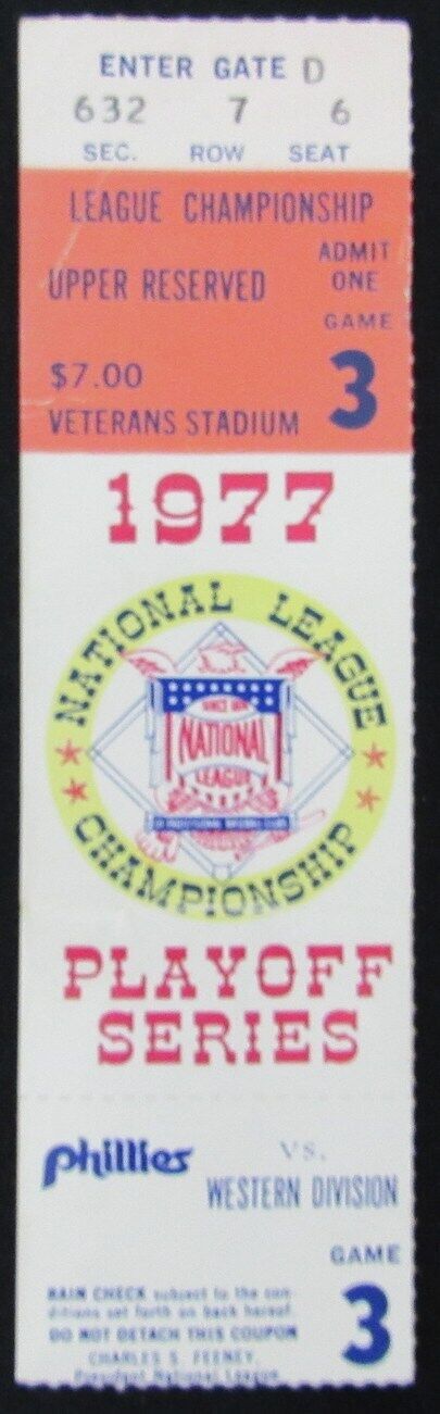 1977 NLCS Game 3 Phillies vs. Dodgers Ticket Stub