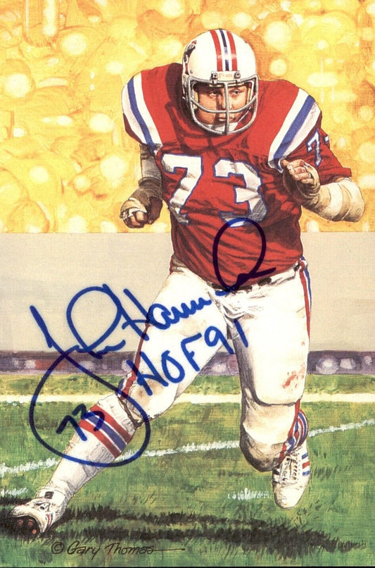 John Hannah HOF Autographed/Inscr Goal Line Art GLAC Postcard Patriots JSA