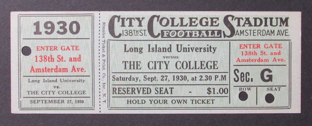 1930 Long Island University vs. The City College Proof Ticket 9/27/30