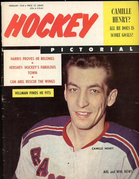 February 1958 Hockey Magazine Pictorial Camille Henry Rangers on Cover 177699