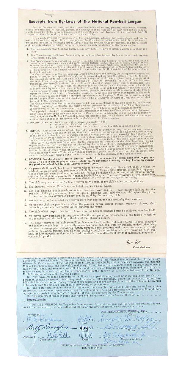 Bert Bell Philadelphia Eagles Signed/Autographed 1958 Contract JSA 160875