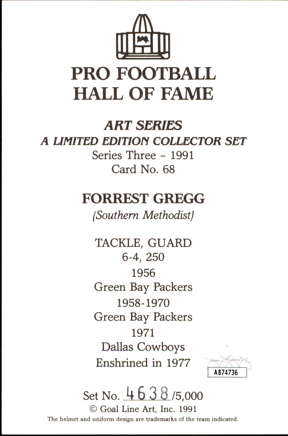 Forrest Gregg HOF Autographed Goal Line Art GLAC Postcard Packers JSA