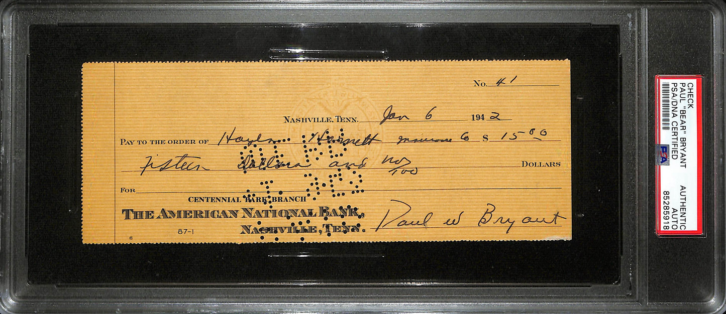 Paul "Bear" Bryant HOF Signed 1942 Bank Check Alabama PSA/DNA Authentic 190280