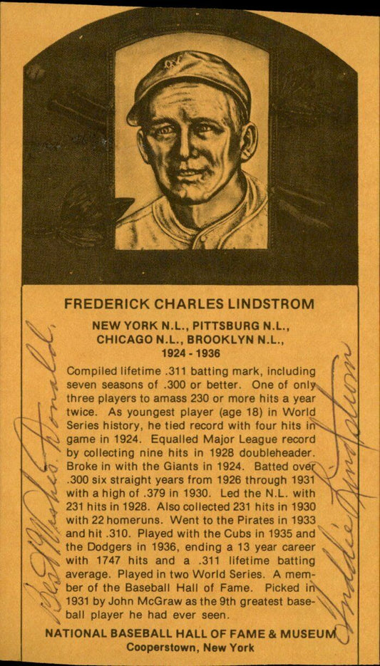 Freddie Lindstrom HOF Mets/Pirates Signed/Autographed HOF Plaque Postcard 162494