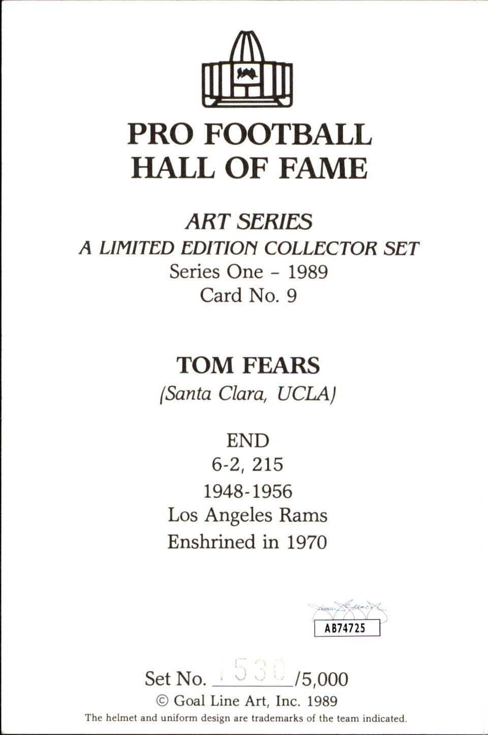 Tom Fears HOF Autographed Goal Line Art GLAC Postcard Los Angeles Rams JSA