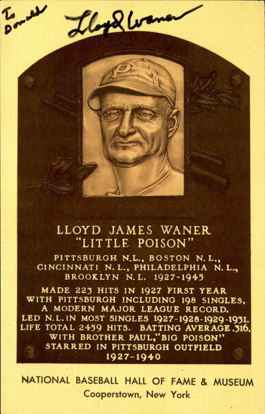 Lloyd Waner HOF Pittsburgh Pirates d.1982 Signed/Auto HOF Plaque Postcard 162496