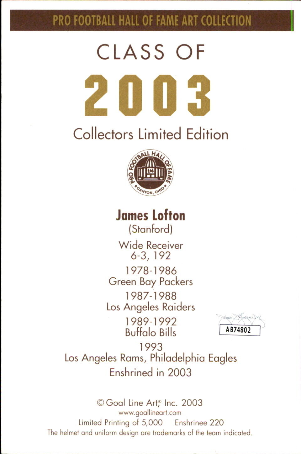 James Lofton HOF Autographed/Inscribed Goal Line Art GLAC Postcard Packers JSA