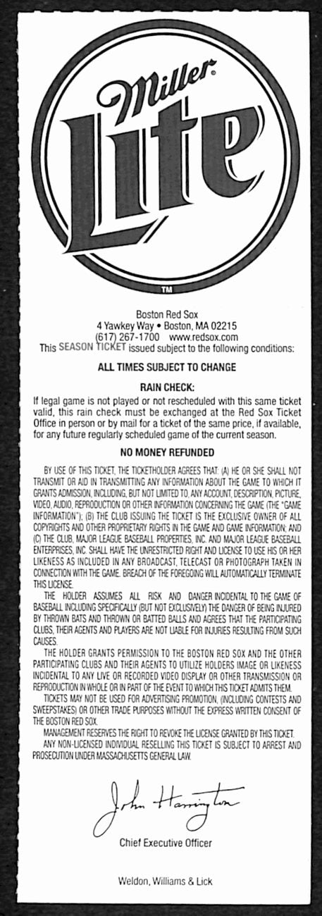 2001 Ticket Red Sox-TEX Hatteburg Hits into Triple Play/Grand Slam Same Game