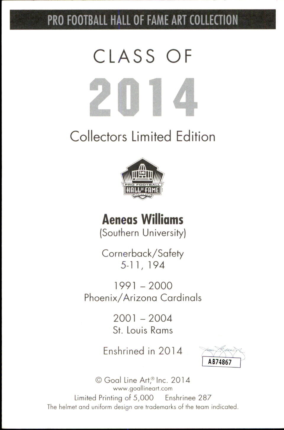 Aeneas Williams HOF Autographed Goal Line Art GLAC Postcard Cardinals JSA