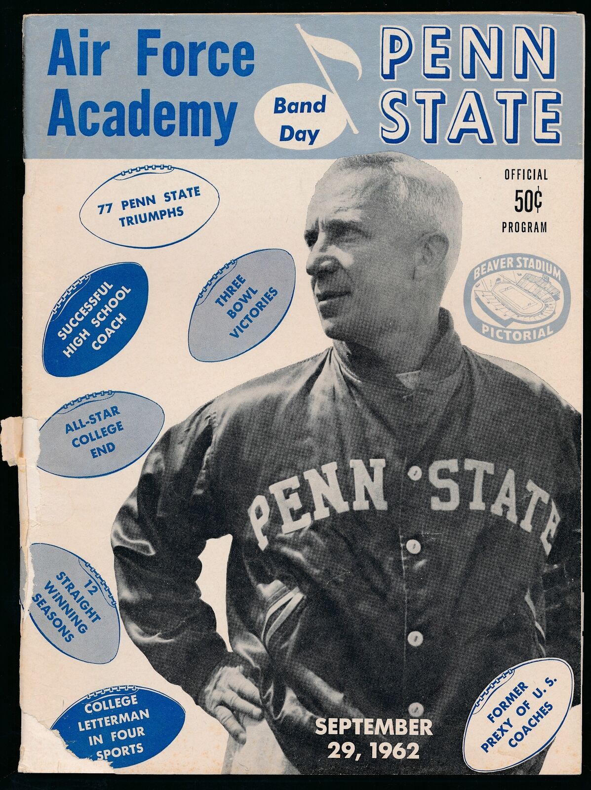 1962 Penn State vs. Air Force Academy College Football Game Program 09/29