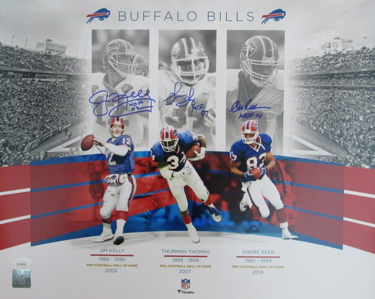 Jim Kelly/Thurman Thomas/Andre Reed HOF Bills Signed/Inscr16x20 Photo JSA 158815