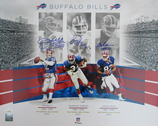 Jim Kelly/Thurman Thomas/Andre Reed HOF Bills Signed/Inscr16x20 Photo JSA 158815