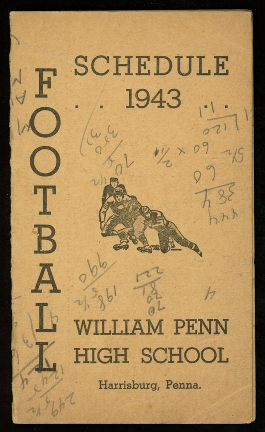 1943 William Penn High School Football 3x5 Pocket Schedule Harrisburg, Penna.