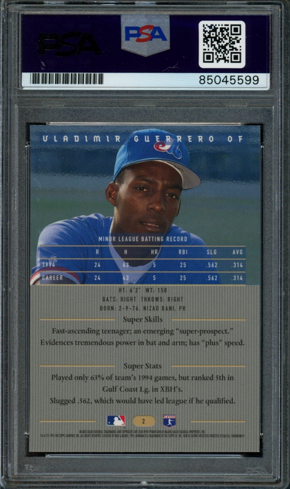 Vladimir Guerrero Montreal Expos Autographed 1995 Bowman ROOKIE Card #2 PSA/DNA