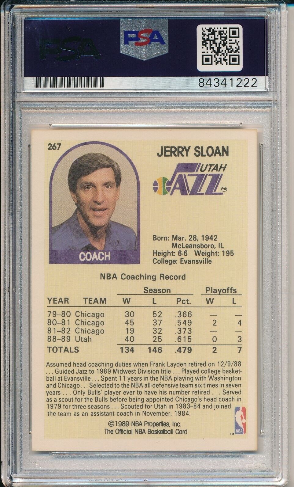 Jerry Sloan HOF Utah Jazz Signed/Autographed 1989 Hoops Card #267 PSA/DNA 163529