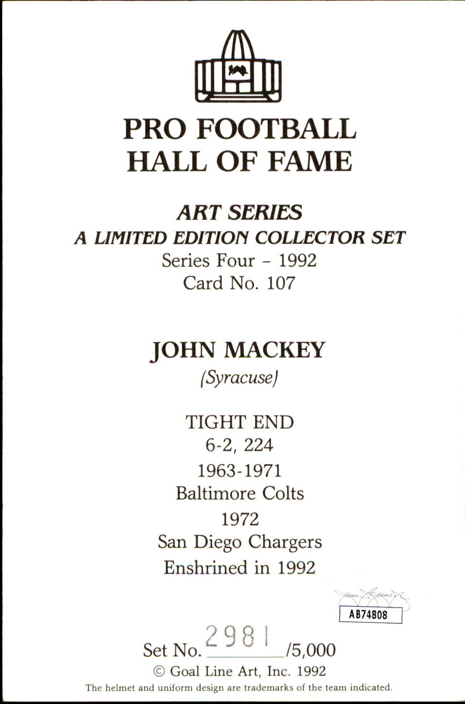 John Mackey HOF Autographed/Inscr Goal Line Art GLAC Postcard Balto Colts JSA