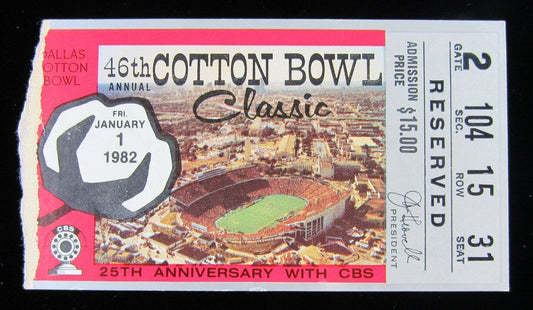 1982 Cotton Bowl Texas Longhorns vs. Alabama Crimson Tide Ticket Stub Bryant