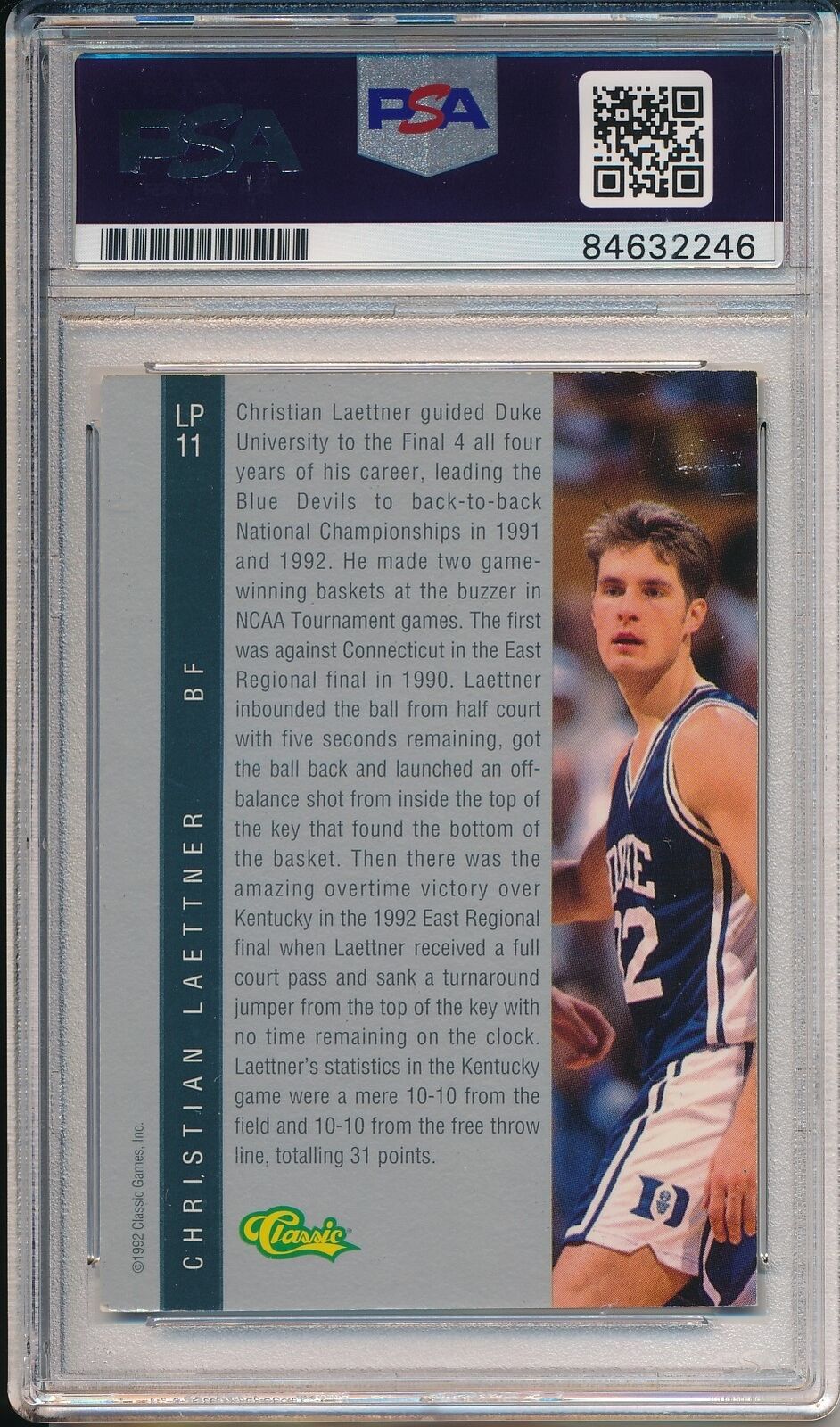 1992 Classic Four Draft Picks Christian Laettner #LP11 Card Signed Duke PSA/DNA