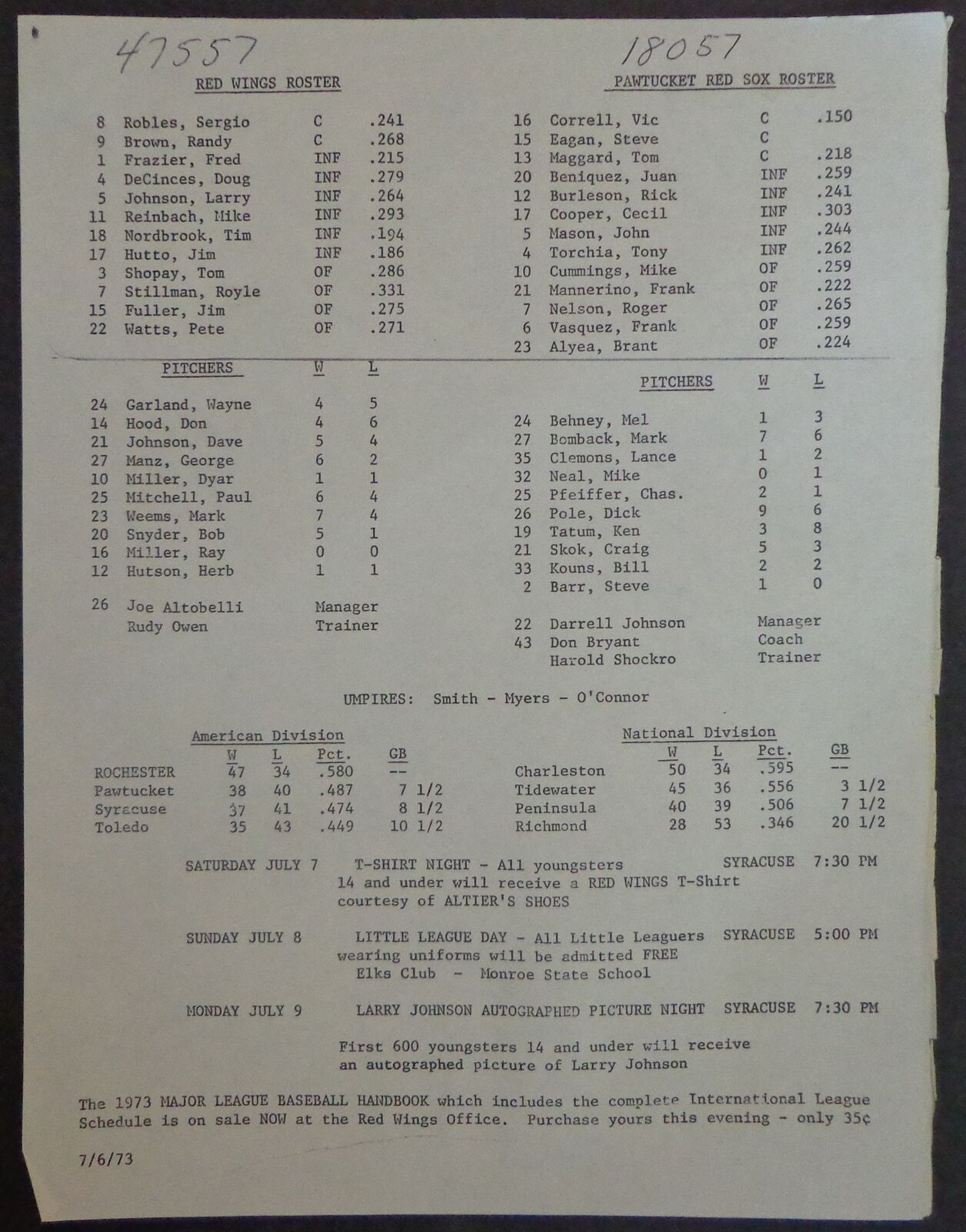 1973 Rochester Red Wings vs. Pawtucket Red Sox Game Program w/ Stats 181095