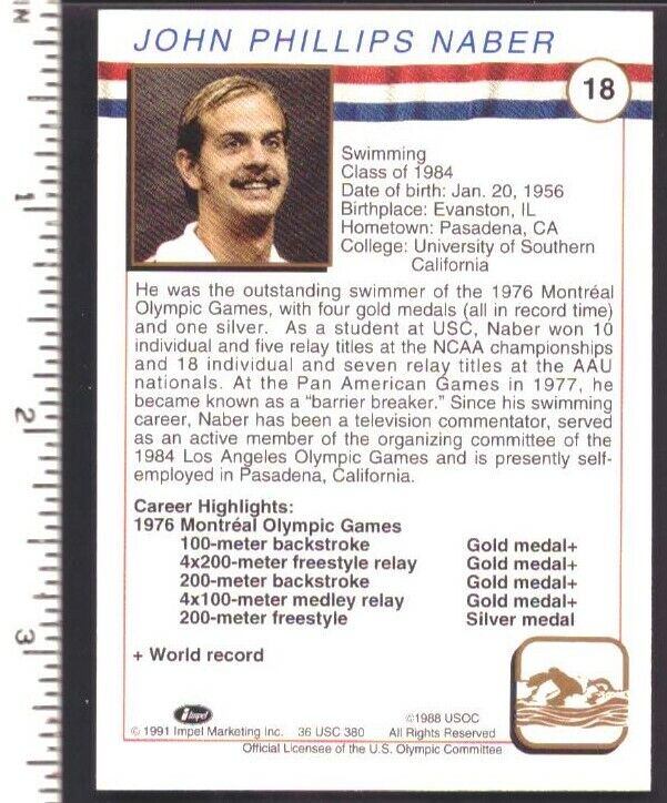 John Naber Swimming Signed 1991 Impel USA Olympic HOF Trading Card #18 151875