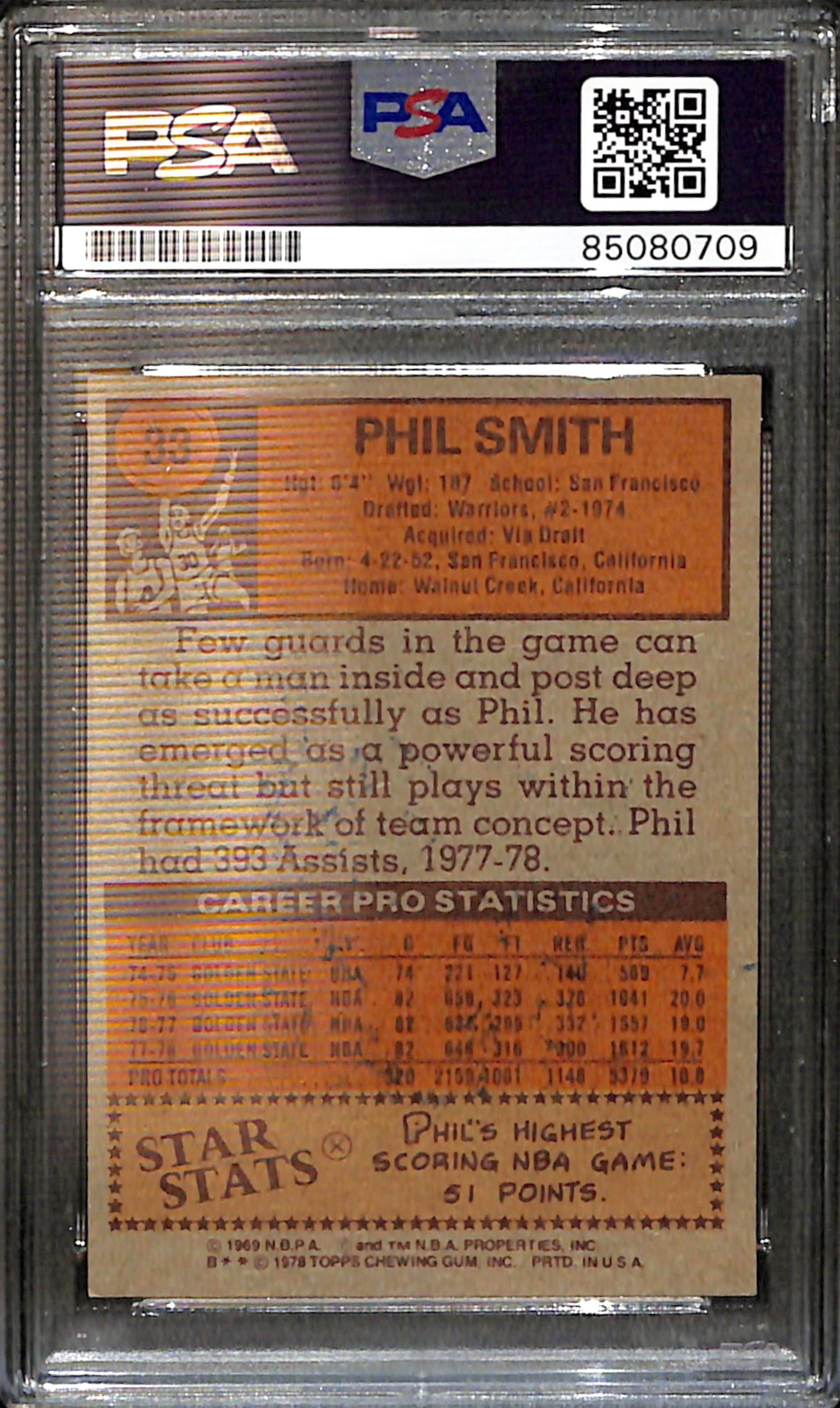 Phil Smith Signed/Auto 1978 Topps Card #33 Warriors PSA/DNA 185413