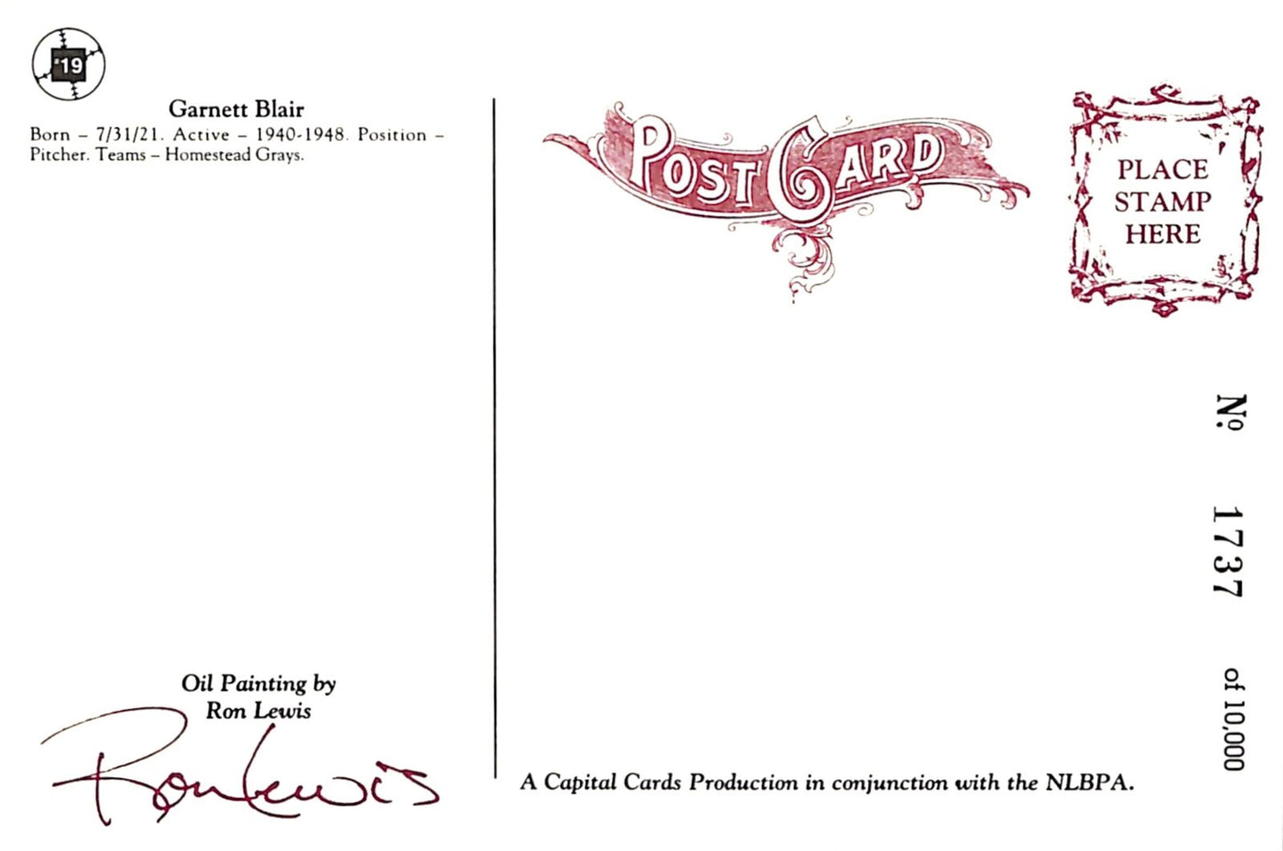 Garnett Blair Signed Negro League - Homestead Grays Ron Lewis Post Card 181226