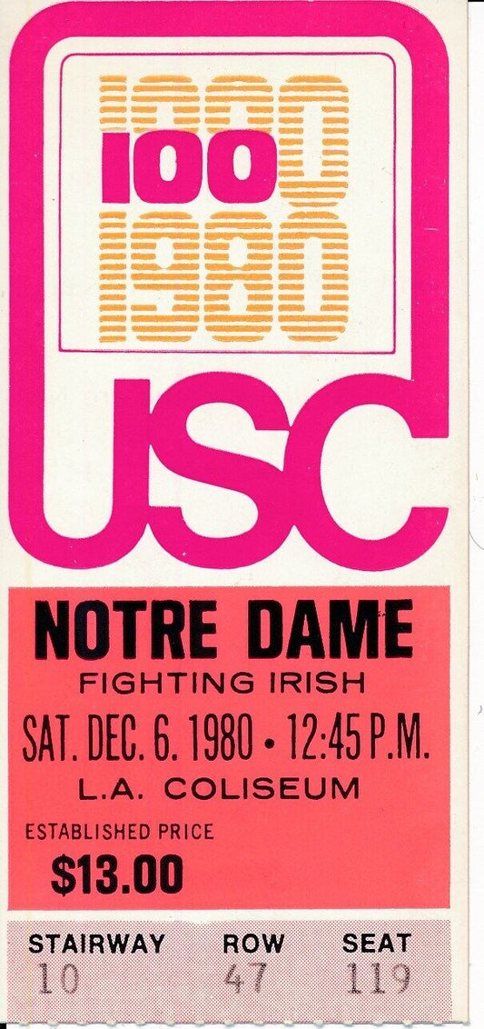 1980 USC Trojans vs. Notre Dame Football Game Ticket Stub M. Allen148494