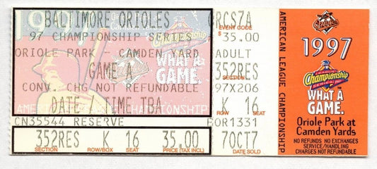 1997 Orioles Indians ALCS Game 1 Ticket Stub Brady Anderson Home Run 129023