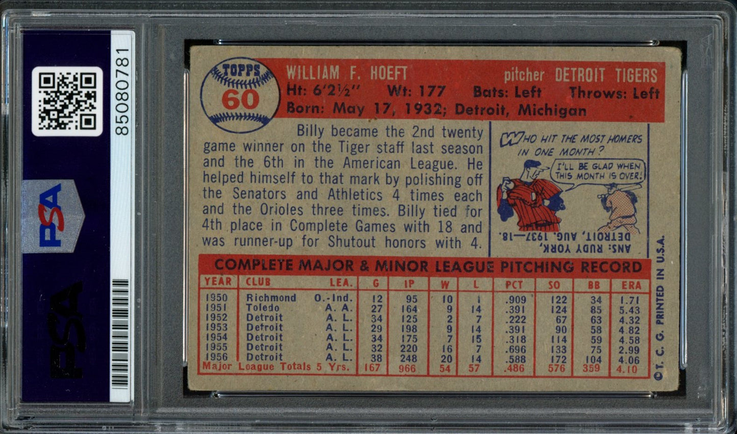 Billy Hoeft Signed 1957 Topps Card #60 Detroit Tigers PSA/DNA 184181