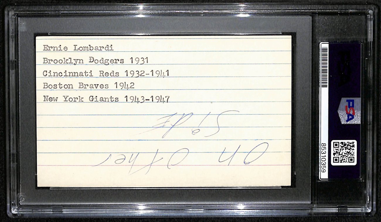 Ernie Lombardi HOF Signed/Auto 3x5 Index Card Cincinnati Reds PSA/DNA 190616