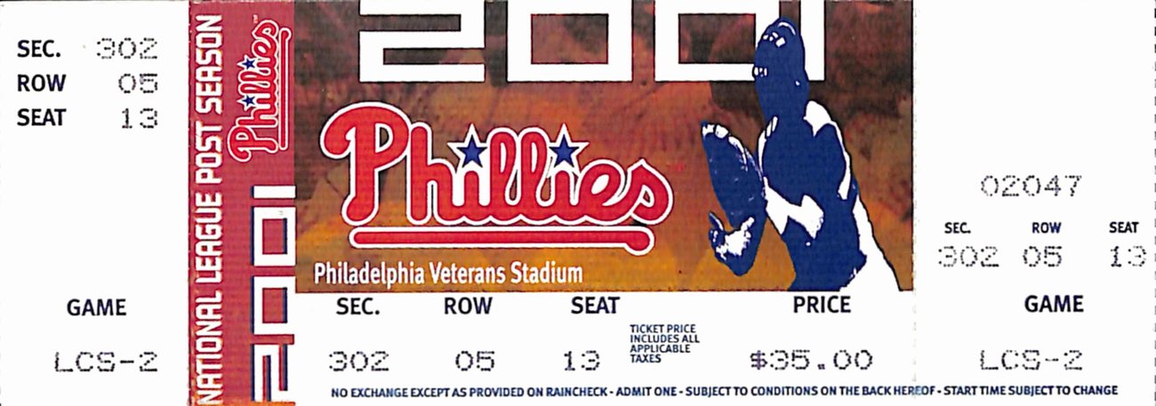 2001 Philadelphia Phillies Phantom Playoff Full Ticket BA187574