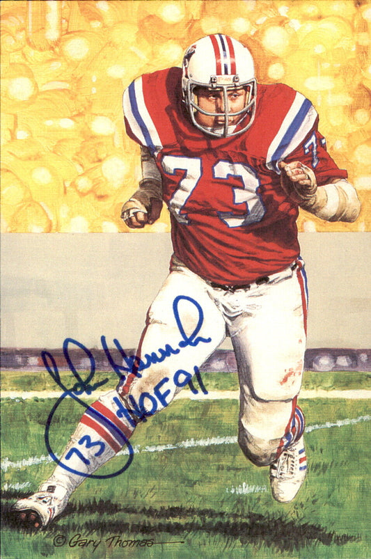 John Hannah HOF Autographed/Inscr Goal Line Art GLAC Postcard Patriots JSA