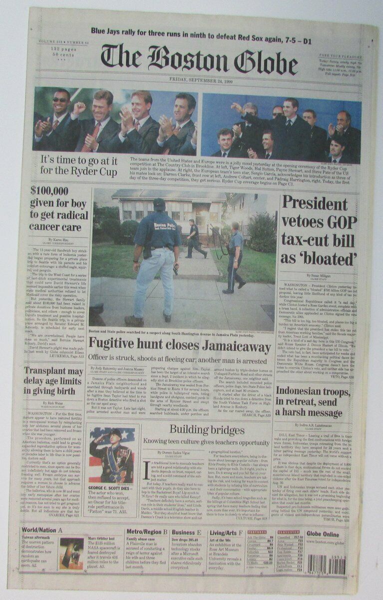 Ryder Cup Coverage Tiger Woods 1999 Boston Globe Complete Newspaper 147875