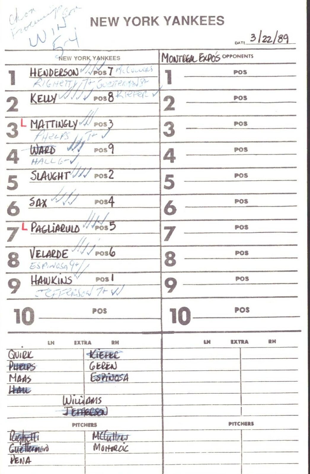 1989 New York Yankees Spring Training 5.5x8.5 Lineup Card vs.Expos 151521