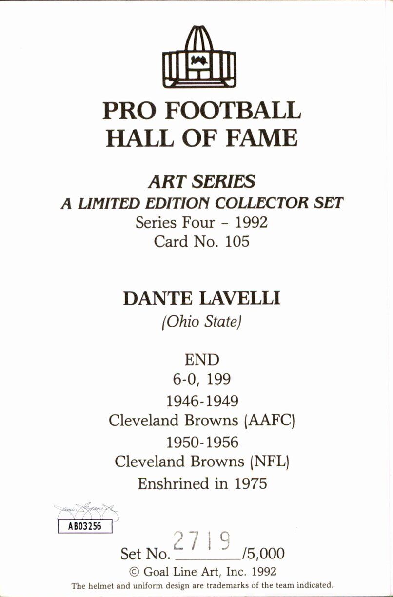 Dante Lavelli HOF Browns Signed/Inscr Goal Line Art GLAC Postcard JSA 167144