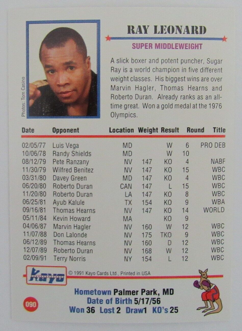 Lot of 7 Ray Leonard Boxer 1991 Kayo Trading Cards #090 158138