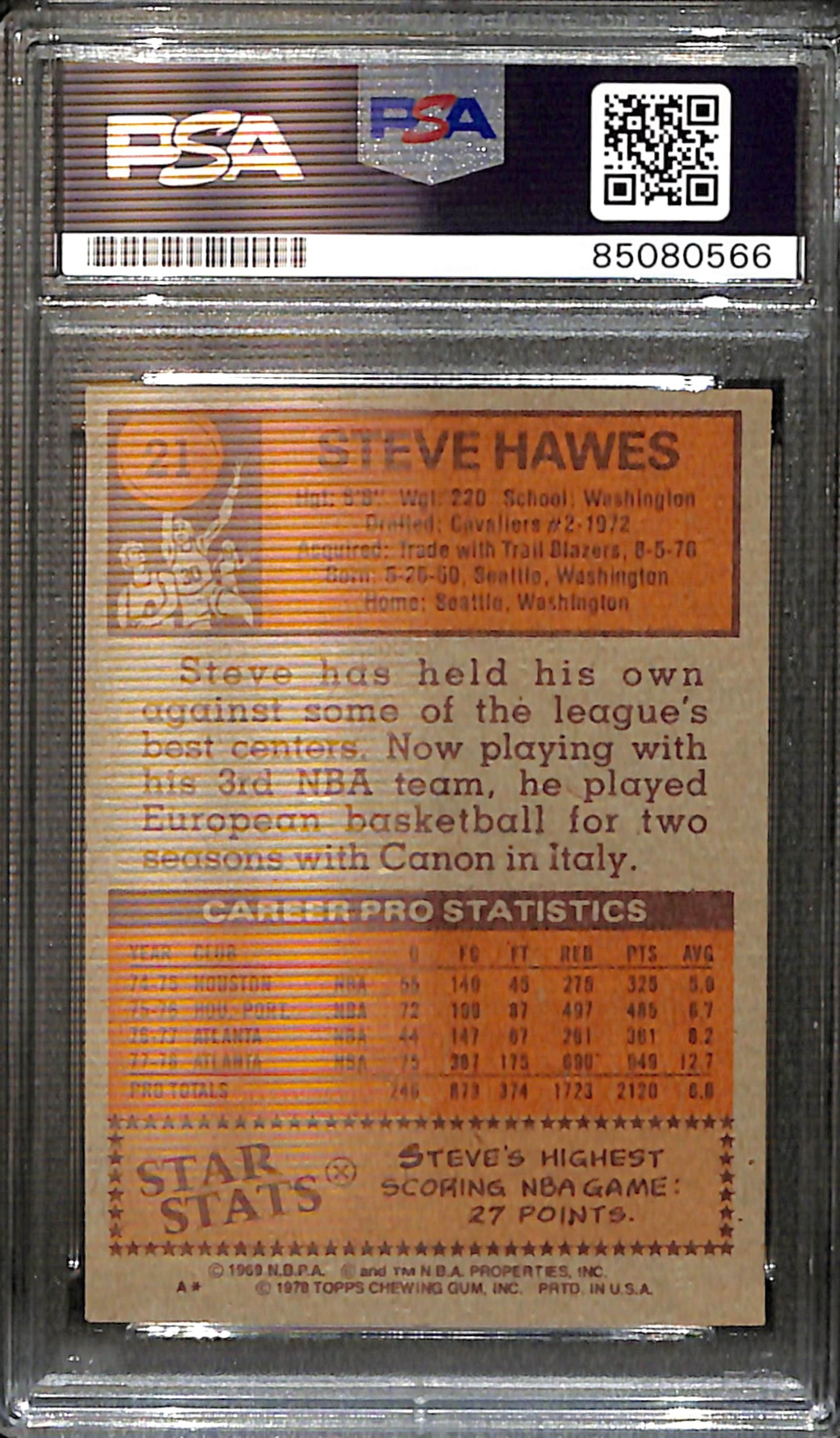 Steve Hawes Signed/Auto 1978 Topps Card #21 Atlanta Hawks PSA/DNA 185434