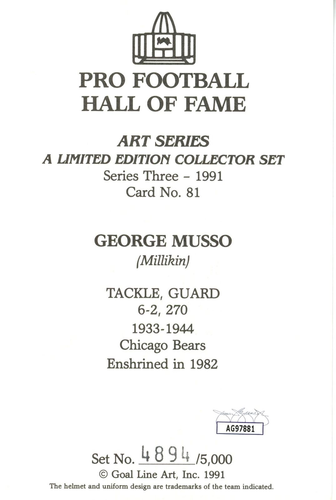George Musso HOF Autographed Goal Line Art GLAC Postcard Bears JSA