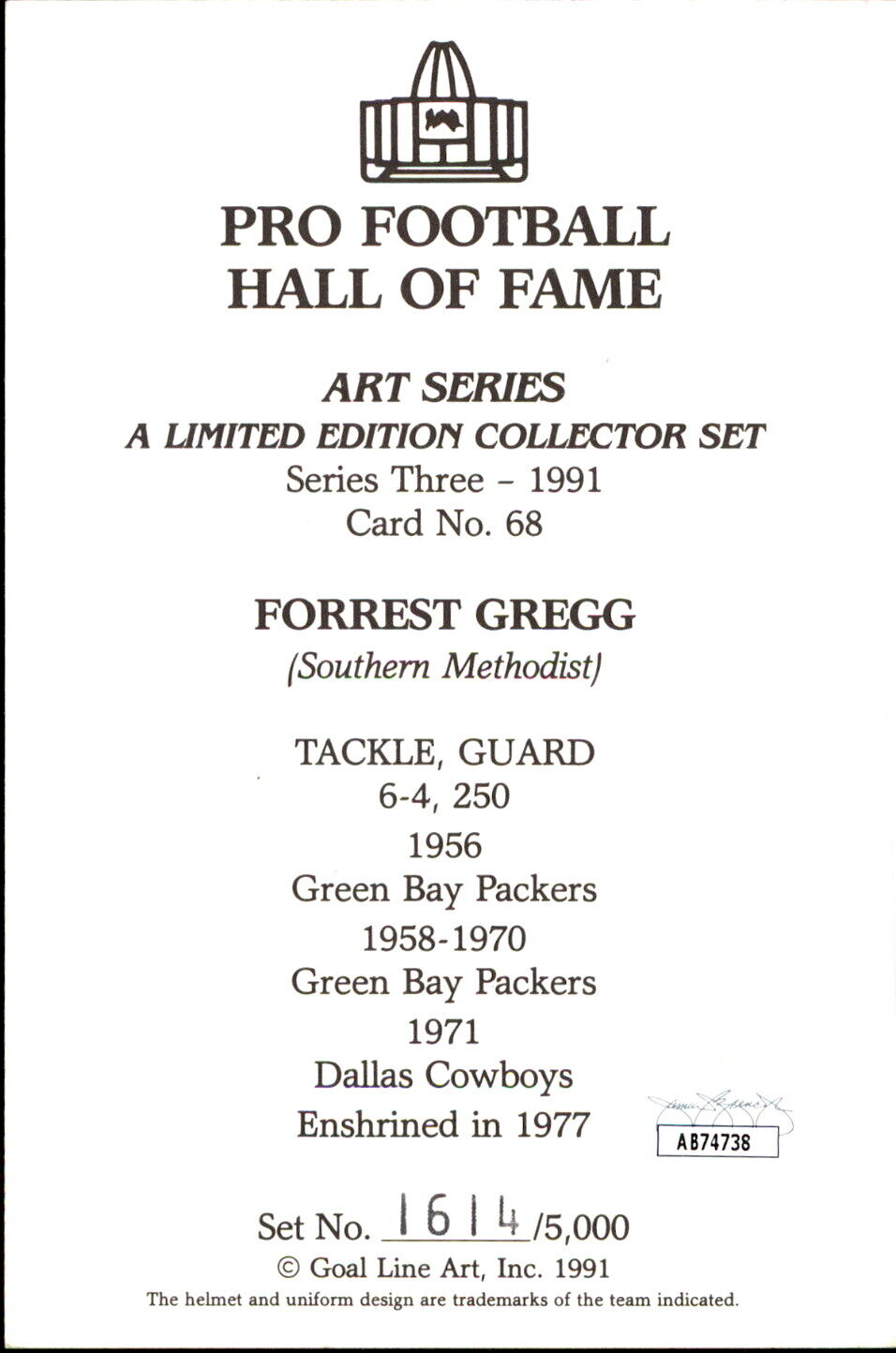 Forrest Gregg HOF Autographed/Inscribed Goal Line Art GLAC Postcard Packers JSA