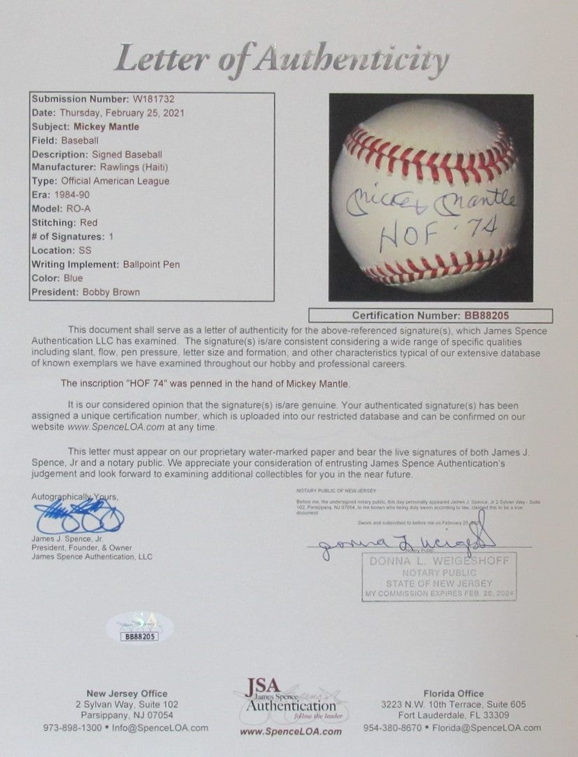 Mickey Mantle HOF Signed/Inscribed OAL Baseball New York Yankees JSA 190543