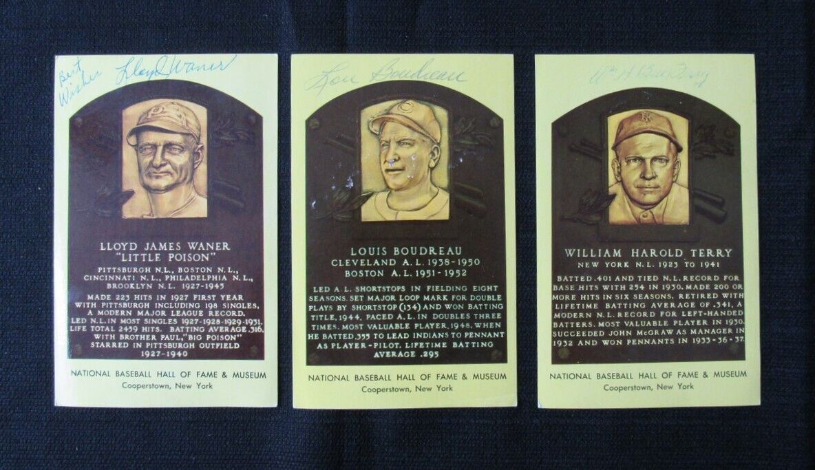 Lot of 3 Autographed/Signed Gold HOF Plaque Cards Terry/Waner/Boudreau 181814