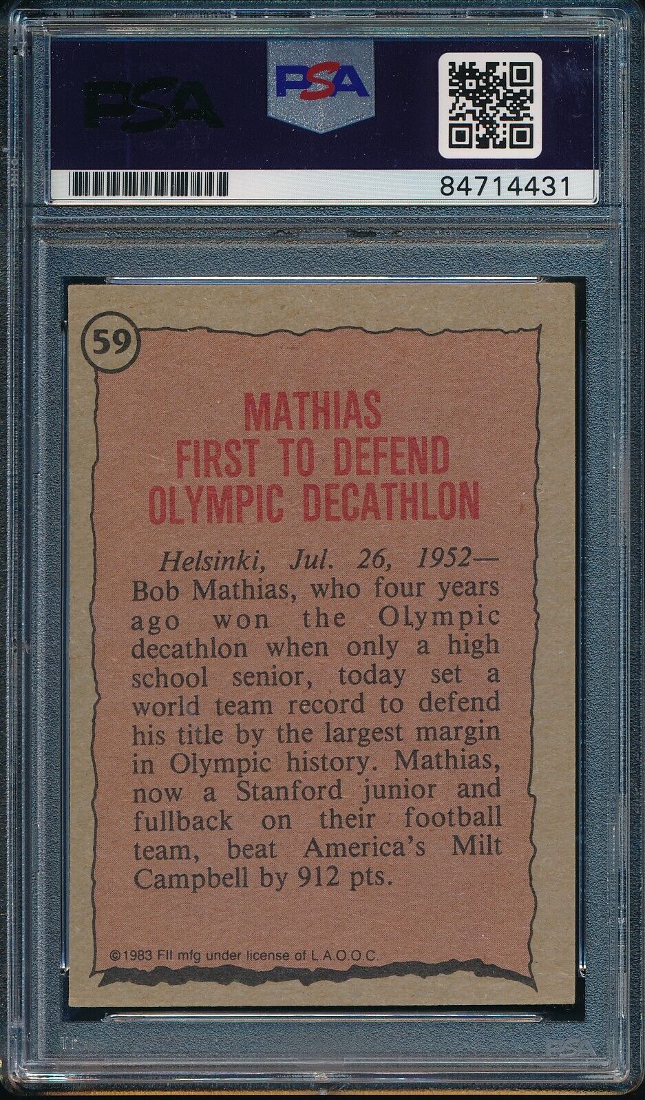 1983 TOPPS Greatest Olympians Bob Mathias #59 Card Signed PSA/DNA 176396